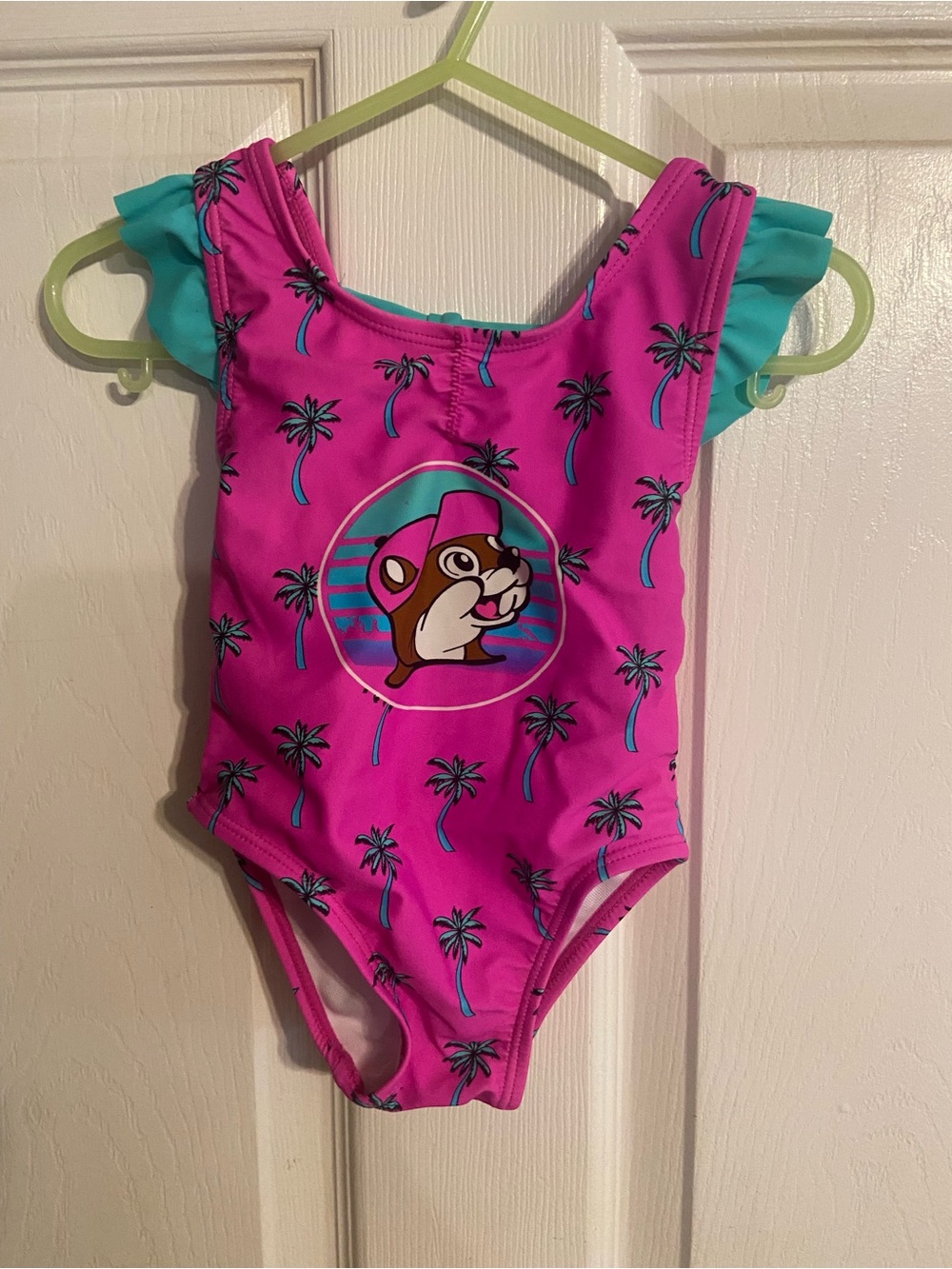 EUC Buc-ees Infant 3-6 Month One Piece Swimsuit. Hot Pink W/turquoise Palm Tree